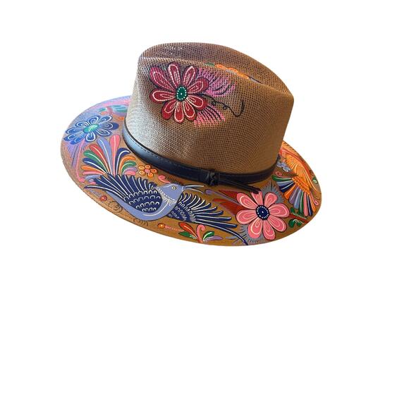 BOHO Hand Painted Artesian Mexican Straw Fedora Hat Floral Birds Artsy SZ Large - Picture 16 of 16